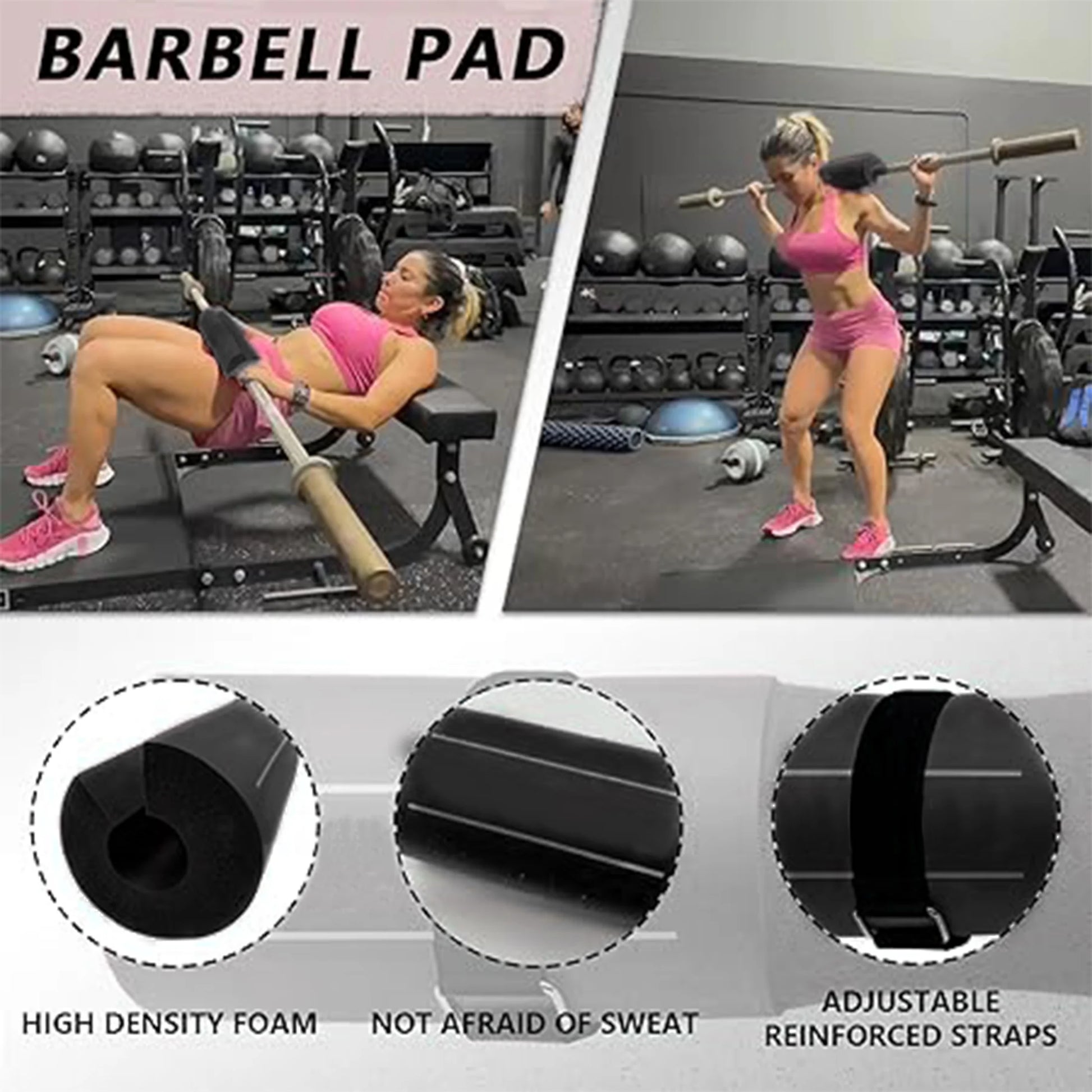 9 Pcs Barbell Pad Set, Barbell Squat Pad for Hip Thrusts, Lunges, Leg Day with 2 Gym Ankle Straps, 3 Hip Resistance Bands, 2 Lifting Strap, Barbell Pad and Carry Bag, Black